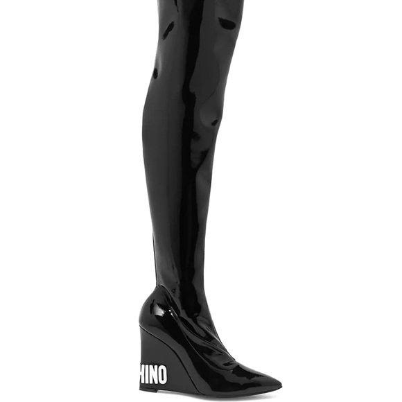 Moschino Vinyl Thigh-High Wedge Boots Black Women's EU 37/US